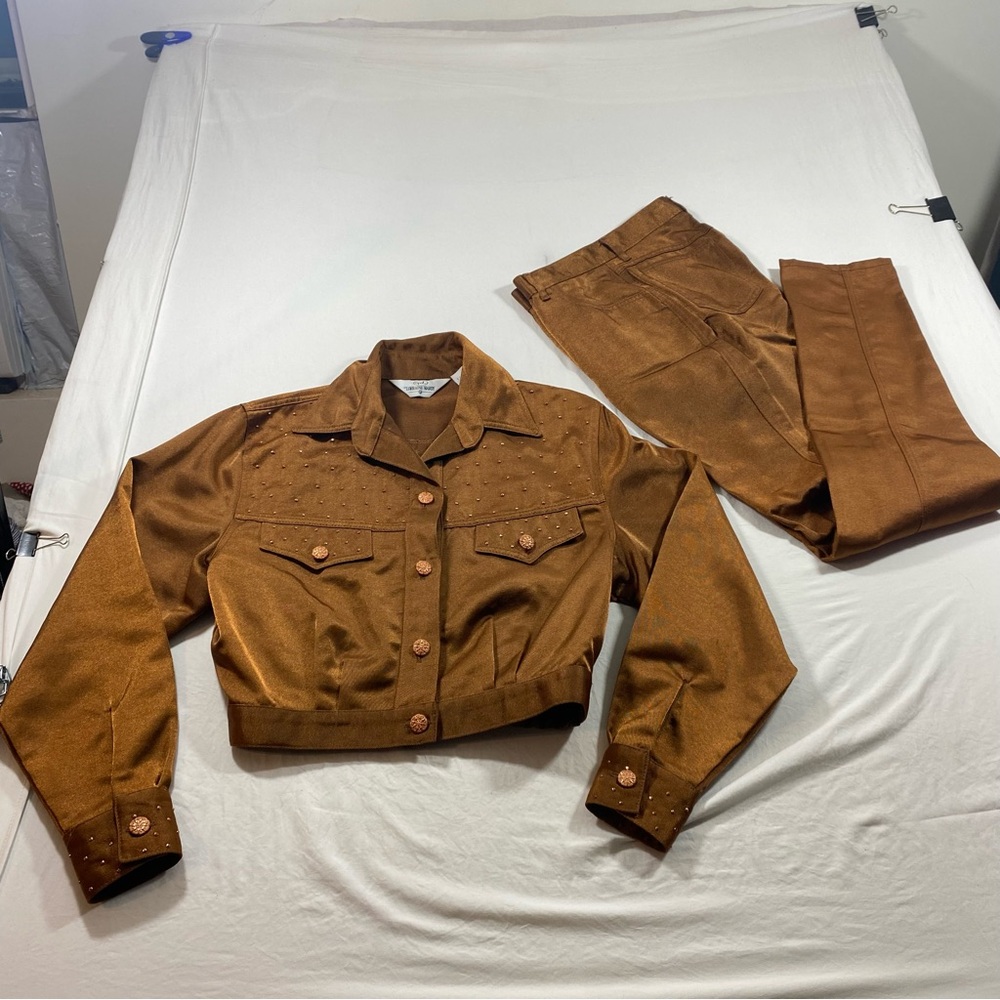 Lorraine Wardy Vintage Brown Two-Piece Suit button down jacket pant set sequins - Picture 14 of 14